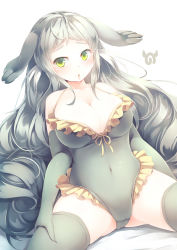 Rule 34 | 10s, 1girl, absurdres, bare shoulders, blush, breasts, cleavage, collarbone, green eyes, grey hair, grey thighhighs, highres, japari symbol, kanzakietc, kemono friends, large breasts, long hair, looking at viewer, mediterranean monk seal (kemono friends), parted lips, simple background, sitting, solo, spread legs, thighhighs, very long hair, white background