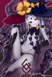 Rule 34 | 1girl, abigail williams (fate), abigail williams (third ascension) (fate), artist name, black background, black bow, black gloves, black hat, black panties, black socks, blush, bow, breasts, commentary request, elbow gloves, fate/grand order, fate (series), gloves, glowing, gradient background, grin, hat, hat bow, head tilt, highres, kneehighs, long hair, looking at viewer, natw (snrv4372), navel, orange bow, pale skin, panties, parted bangs, purple background, red eyes, revealing clothes, sharp teeth, small breasts, smile, socks, solo, suction cups, teeth, tentacles, topless, underwear, very long hair, white hair, witch hat