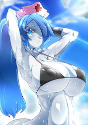 Rule 34 | 1girl, armpits, bikini, bikini top only, blue eyes, blue hair, blue skin, breasts, cleavage, colored skin, covered erect nipples, female focus, hair over one eye, hat, huge breasts, kamen no hito, lamia, large breasts, long hair, matching hair/eyes, monster girl, nurse cap, original, ponytail, solo, strap gap, swimsuit, tail