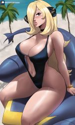Rule 34 | 1girl, beach, blonde hair, blush, breasts, center opening, clothing cutout, coconut tree, creatures (company), curvy, cynthia (pokemon), echo saber, game freak, garchomp, gen 4 pokemon, hair over one eye, highres, image sample, large breasts, looking at viewer, md5 mismatch, navel, navel cutout, nintendo, ocean, outdoors, palm tree, pokemon, pokemon (creature), pokemon dppt, resolution mismatch, revealing clothes, sand, sitting, solo, source larger, swimsuit, tail, tree, twitter sample, wide hips, wristband