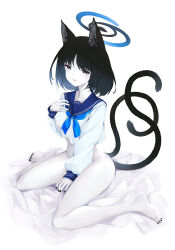 Rule 34 | 1girl, absurdres, animal ears, ass, barefoot, black eyes, black hair, black sailor collar, blue archive, blue halo, blue neckerchief, cat ears, cat tail, halo, highres, kikyou (blue archive), long sleeves, multiple tails, neckerchief, no panties, no pants, open mouth, sailor collar, school uniform, serafuku, short hair, simple background, solo, tail, toes, toto tony, two tails, white background