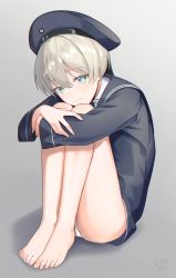 Rule 34 | 1girl, barefoot, blue eyes, clothes writing, dress, feet, feet together, fetal position, full body, gradient background, grey background, hat, highres, hugging own legs, kantai collection, kinsenka momi, panties, pantyshot, sailor dress, sailor hat, short hair, silver hair, sitting, smile, solo, toes, underwear, white panties, z1 leberecht maass (kancolle)
