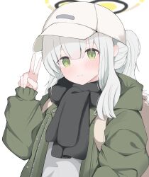 Rule 34 | 1girl, absurdres, black scarf, blue archive, blush, closed mouth, green eyes, green jacket, grey hair, halo, hare (blue archive), hare (camp) (blue archive), hat, highres, hood, hooded jacket, jacket, long hair, long sleeves, looking at viewer, nui (nuinui0300), official alternate costume, open clothes, open jacket, ponytail, scarf, simple background, smile, solo, v, white background, white hat