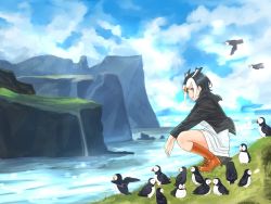 Rule 34 | 10s, 1girl, atlantic puffin (kemono friends), black hair, blush, boots, brown footwear, day, kemono friends, knee boots, looking at viewer, multicolored hair, orange hair, outdoors, parted lips, red eyes, sarada doraivu, scenery, short hair, squatting, white hair