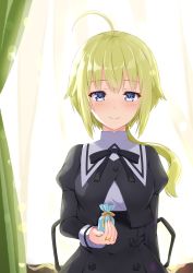 Rule 34 | 1girl, ahoge, amano soraha, assault lily, black ribbon, black skirt, blonde hair, blue eyes, blush, breasts, buttons, closed mouth, commentary request, cropped jacket, curtains, day, fingernails, gift, gift bag, gungun (hakutou7887), hand up, high-waist skirt, highres, holding, holding gift, indoors, jewelry, juliet sleeves, long hair, long sleeves, looking at viewer, low ponytail, medium breasts, neck ribbon, ponytail, puffy sleeves, ribbon, ring, school uniform, shirt, skirt, smile, solo, upper body, white shirt, yurigaoka girls academy school uniform