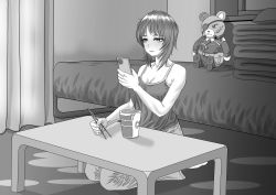 Rule 34 | 1girl, absurdres, alternate costume, bare shoulders, bed, bed sheet, boko (girls und panzer), breasts, camisole, casual, cellphone, chopsticks, commentary request, cup ramen, eyepatch, girls und panzer, greyscale, highres, holding, holding chopsticks, holding phone, indoors, looking at phone, monochrome, nishizumi miho, pants, phone, scar, scar on ear, scar on face, seiza, shirt, sitting, sleeveless, sleeveless shirt, smartphone, stuffed animal, stuffed toy, tank top, teddy bear, tigern (tigern28502735)