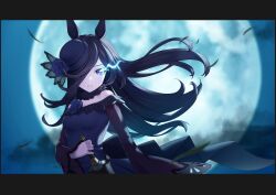 Rule 34 | 1girl, animal ears, back bow, black bow, black hair, blue dress, blue flower, blue hat, blue rose, blurry, blurry background, bow, commentary, dagger, depth of field, dress, flower, full moon, fur collar, glowing, glowing eyes, grass, hair over one eye, hand on weapon, hat, hat flower, highres, horse ears, horse girl, knife, large bow, letterboxed, long bangs, long hair, long sleeves, looking at viewer, moon, night, off-shoulder dress, off shoulder, outdoors, oyuand, parted lips, purple eyes, rice shower (umamusume), rose, scabbard, sheath, sheathed, short dress, solo, standing, tilted headwear, twitter username, umamusume, weapon, wind