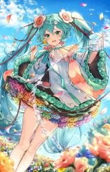 Rule 34 | 1girl, aqua eyes, aqua flower, aqua ribbon, aqua rose, armpit peek, bare legs, blue hair, blue sky, blurry, blurry background, braid, brooch, cable, capelet, cloud, cloudy sky, commentary, day, depth of field, detached sleeves, dot nose, dress, dress flower, dutch angle, feet out of frame, field, flower, flower field, flower request, glint, gradient hair, grass, green flower, green rose, grey flower, grey rose, hair between eyes, hair flower, hair ornament, hands up, hatsune miku, highres, holding, holding flower, holding watering can, jewelry, kyashii (a3yu9mi), legs together, light blush, light particles, long hair, looking at viewer, low-tied long hair, low twin braids, magical mirai (vocaloid), magical mirai miku, magical mirai miku (2021), motion blur, multicolored hair, neck ribbon, open mouth, orange flower, orange rose, outdoors, petals, pink flower, pleated dress, purple flower, purple hair, purple rose, ribbon, rose, short dress, sky, smile, solo, striped ribbon, tree, tsurime, twin braids, twintails, very long hair, vocaloid, water, water drop, watering can, white flower, wide sleeves, yellow flower