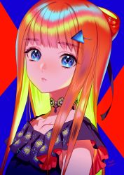 Rule 34 | 1girl, absurdres, artist name, banned artist, blue eyes, choker, colored inner hair, hair ornament, highres, lace-trimmed choker, lace trim, long hair, looking at viewer, midori foo, multicolored hair, orange hair, original, parted lips, sleeveless, solo, triangle hair ornament, upper body
