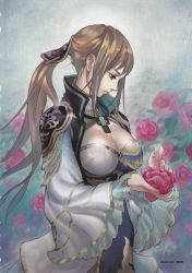 Rule 34 | 1girl, absurdres, armor, breasts, brown eyes, brown hair, chinese clothes, cleavage, cleavage cutout, clothing cutout, flower, hair ornament, harunoichi, highres, huge breasts, large breasts, official art, pauldrons, peony (flower), ponytail, sangoku musou 1, shin sangoku musou, shin sangoku musou 6, shoulder armor, solo, wang yuanji