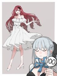 Rule 34 | 2girls, bare legs, bare shoulders, black ribbon, blush, border, breasts, cleavage, cowboy shot, dress, eeu (musuka73), closed eyes, baobhan sith (fate), fate/grand order, fate (series), female focus, full body, gradient hair, grey hair, hair ribbon, high heels, juliet sleeves, long sleeves, looking at viewer, morgan le fay (fate), multicolored hair, multiple girls, outside border, pointy ears, puffy sleeves, red hair, ribbon, simple background, smile, spaghetti strap, white border, white dress, white footwear