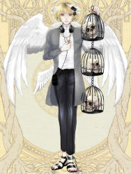 Rule 34 | 1boy, august altner, birdcage, black pants, blonde hair, cage, cross, cross necklace, dairoku ryouhei, feathered wings, fujimori (tw), full body, grey jacket, hair ornament, headphones, headphones around neck, jacket, jewelry, male focus, necklace, pants, red nails, sandals, shirt, short hair, skull, solo, standing, white shirt, white wings, wing hair ornament, wings, yellow background