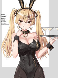 Rule 34 | 1girl, :q, ahoge, animal ears, bare shoulders, black choker, black leotard, black pantyhose, black ribbon, black wristband, blonde hair, blush, breasts, choker, cleavage, cocktail glass, covered navel, cup, dot nose, drinking glass, fake animal ears, hand on own neck, highres, holding, holding tray, large breasts, leotard, original, pantyhose, partially unzipped, playboy bunny, ribbon, simple background, solo, strapless, takanashi kei (hitsujikan), tongue, tongue out, tray, twintails, upper body, white background, wrist cuffs, yellow eyes, zipper, zipper pull tab