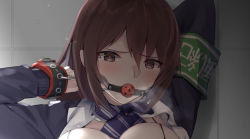 Rule 34 | 1girl, ball gag, bee doushi, black jacket, blue bow, blue neckwear, blush, bow, breasts, brown hair, commentary request, face, gag, hair between eyes, hair bow, jacket, large breasts, long hair, long sleeves, looking at viewer, null, original, restrained, school uniform, solo, wiffle gag