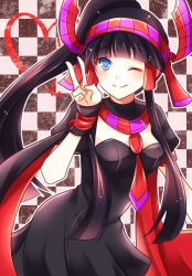 Rule 34 | 1girl, ;), bad id, bad pixiv id, black dress, black hair, blue eyes, blush, checkered background, chisa, dress, egyptian, hairband, heart, high ponytail, jewelry, long hair, necklace, nephthys (p&amp;d), one eye closed, outline, ponytail, puffy short sleeves, puffy sleeves, puzzle &amp; dragons, short sleeves, smile, solo, v