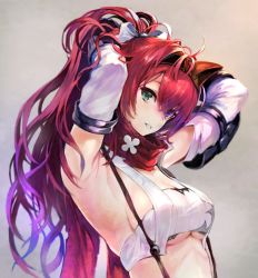 Rule 34 | 1girl, adjusting hair, alushe anatolia, armpits, arms behind head, arms up, breasts, detached sleeves, green eyes, hair between eyes, hairband, heterochromia, high ponytail, large breasts, long hair, looking at viewer, parted lips, ponytail, purple eyes, red hair, scarf, sideboob, simple background, smile, solo, underboob, upper body, yoru no nai kuni, yoshiku (oden-usagi)