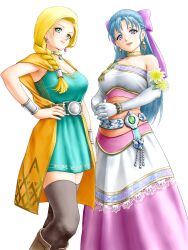 Rule 34 | 2girls, asymmetrical sleeves, bare shoulders, belt, bianca (dq5), blonde hair, blue eyes, blue hair, boots, bow, bracelet, braid, breasts, brown footwear, brown thighhighs, cape, cleavage, closed mouth, collarbone, commentary request, cowboy shot, dragon quest, dragon quest heroes, dragon quest v, dress, earrings, elbow gloves, flora (dq5), flower, french braid, gloves, green dress, hair behind ear, hair bow, hair over shoulder, hair pulled back, half updo, hand on own hip, highres, huge bow, interlocked fingers, jewelry, knee boots, large breasts, long dress, long hair, looking at viewer, low-tied long hair, medium breasts, multiple girls, neck ring, open mouth, orange cape, own hands together, pink bow, single-shoulder dress, single braid, single strap, sleeveless, sleeveless dress, smile, standing, swept bangs, thighhighs, white background, white gloves, x chitch, yellow flower, zettai ryouiki