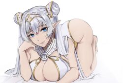 Rule 34 | 1girl, blue eyes, breasts, britomart (fate), cleavage, fate/grand order, fate (series), large breasts, pointy ears, solo, thighs, top-down bottom-up, white hair