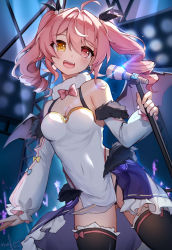 Rule 34 | absurdres, ahoge, bare shoulders, bat wings, black thighhighs, blush, breasts, cleavage, copyright request, cowboy shot, ewig, fangs, gluteal fold, heart, heart-shaped pupils, heterochromia, highres, idol, medium breasts, microphone, music, open mouth, pink hair, red eyes, singing, smile, solo, stage, stage lights, symbol-shaped pupils, tagme, teeth, thighhighs, twintails, upper teeth only, virtual youtuber, wings, yellow eyes