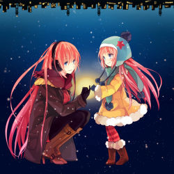 Rule 34 | 2girls, age difference, akiyoshi (tama-pete), blue eyes, boots, child, dual persona, hat, headphones, long hair, megurine luka, multiple girls, pantyhose, pink hair, pinky swear, scarf, smile, snowing, squatting, striped clothes, striped legwear, striped pantyhose, upside-down, very long hair, vocaloid