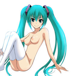 Rule 34 | 1girl, aqua eyes, aqua hair, arm support, bad id, bad pixiv id, breasts, hatsune miku, long hair, looking at viewer, miranisuta, nipples, nude, puffy nipples, shiny skin, simple background, sitting, smile, solo, thighhighs, twintails, very long hair, vocaloid, white background, white thighhighs