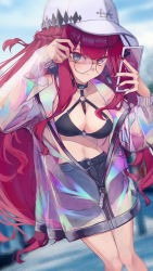 Rule 34 | 1girl, absurdres, alternate costume, baobhan sith (fate), baseball cap, bespectacled, bikini, bikini top only, black bikini, braid, breasts, cellphone, cleavage, collar, fang, fate/grand order, fate (series), french braid, glasses, grey eyes, hat, highres, jacket, large breasts, long hair, long sleeves, looking at viewer, navel, o-ring, outdoors, phone, pink hair, red hair, see-through, short shorts, shorts, sidelocks, skin fang, smartphone, solo, spica/kanade, stomach, swimsuit, white hat