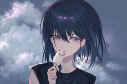 Rule 34 | 1girl, :p, black hair, black shirt, cloud, cloudy sky, commentary, english commentary, food, hair between eyes, haizome senri, highres, holding, holding food, looking at viewer, original, outdoors, panda, popsicle, purple eyes, shirt, short hair, sky, sleeveless, sleeveless shirt, solo, sweat, tongue, tongue out, upper body