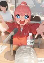 +_+ 2girls blue_eyes blurry blurry_background blush bottle chair depth_of_field happy hara_kenshi high_ponytail highres hood hoodie jacket kuroba_mitsuha long_hair long_sleeves looking_at_viewer microphone multiple_girls open_mouth original outstretched_arms partially_translated pink_hair ponytail pov red_jacket shirt sitting smile solo_focus sparkling_eyes spread_arms table teeth translation_request upper_body