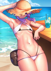 Rule 34 | 1girl, absurdres, arm up, armpits, beach, bikini, black bikini, breasts, brown hat, closed mouth, cup, drink, drinking glass, hand on headwear, hat, highres, layered bikini, long hair, looking at viewer, low twintails, navel, nicchi, ocean, purple eyes, purple hair, sitting, small breasts, smile, solo, stomach, stool, straw hat, swimsuit, table, toned, twintails, voiceroid, water, white bikini, yuzuki yukari
