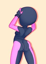Rule 34 | 1girl, ass, black bodysuit, bodysuit, breasts, diving suit, drantyno, from behind, gloves, pink gloves, small breasts, standing, wetsuit, yellow background