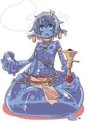 Rule 34 | 1girl, blue eyes, blue hair, breasts, chain, commentary request, earrings, full body, highres, hookah, jewelry, loincloth, looking at viewer, monster girl, open mouth, original, short hair, simple background, slime girl, small breasts, smoking, solo, tomatojam, white background