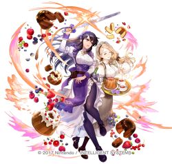 Rule 34 | 2girls, ^ ^, apron, arm up, asatani tomoyo, ayra (fire emblem), black footwear, black hair, blackberry (fruit), blonde hair, blueberry, breasts, brown footwear, brown pantyhose, cake, cherry, closed eyes, commentary request, cup, dress, fire emblem, fire emblem: genealogy of the holy war, fire emblem: three houses, fire emblem heroes, flower, food, frilled apron, frills, fruit, full body, grey apron, head tilt, holding, holding sword, holding teapot, holding tray, holding weapon, juliet sleeves, loafers, long hair, long sleeves, maid, maid headdress, medium breasts, mercedes von martritz, multiple girls, nintendo, official alternate costume, official art, open mouth, pantyhose, puffy sleeves, purple apron, purple eyes, purple flower, purple pantyhose, purple rose, raspberry, rose, shoes, simple background, smile, strawberry, sword, teacup, teapot, tray, very long hair, waist apron, weapon, white background, white dress