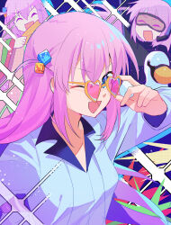 Rule 34 | 1girl, absurdres, akitsuki (oenothera), arm up, blue background, blue eyes, blue shirt, bocchi the rock!, breasts, closed eyes, collared shirt, cube hair ornament, gotoh hitori, hair between eyes, hair ornament, hand fan, hand up, heart, heart-shaped eyewear, highres, holding, holding fan, japanese clothes, kimono, long hair, long sleeves, looking at viewer, medium breasts, multicolored background, one eye closed, open mouth, pink hair, pink kimono, shirt, sidelocks, smile, solo, standing, sunglasses, swimsuit, v-shaped eyebrows, wide sleeves, wing collar