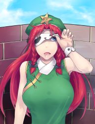 Rule 34 | 1girl, beret, blondy (ldlong), blue eyes, blue sky, braid, breasts, brick wall, buttons, cloud, covered erect nipples, day, drooling, fingernails, hat, highres, hong meiling, large breasts, long hair, one eye covered, open mouth, outdoors, parted bangs, red hair, sky, sleep mask, sleeveless, solo, star (symbol), touhou, twin braids, wrist cuffs