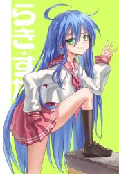 Rule 34 | 1girl, :3, absurdres, ahoge, blue hair, brown footwear, brown socks, commentary, copyright name, foot out of frame, foot up, from side, green background, green eyes, hair between eyes, hand in pocket, hand up, highres, ildy, izumi konata, kneehighs, loafers, long hair, long sleeves, looking at viewer, looking to the side, lucky star, middle w, miniskirt, mole, mole under eye, neckerchief, pleated skirt, red neckerchief, red sailor collar, red skirt, ryouou school uniform, sailor collar, school uniform, serafuku, shoes, simple background, skirt, sleeves past wrists, smile, socks, solo, standing, very long hair, w