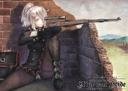Rule 34 | 1girl, asymmetrical bangs, bag, belt, belt boots, black bag, black pantyhose, blonde hair, blue eyes, bolt action, boots, bow, bowtie, brick wall, broken wall, buttons, closed mouth, commentary, double-breasted, dress, english text, facing viewer, field, focused, foot out of frame, frilled dress, frills, frown, gloves, gun, hair ornament, hair over one eye, hairpin, hill, holding, holding gun, holding weapon, leather, leather gloves, leg up, looking afar, mauser 98, military, military uniform, millipen (medium), original, panties, panties under pantyhose, pantyhose, pantyshot, ponytail, red bow, red bowtie, rifle, scope, short dress, short hair, sidelocks, signature, sitting, sky, sniper rifle, sniping, solo, spread legs, tesun (g noh), traditional media, tsurime, underwear, uniform, wall, watercolor pencil (medium), weapon, white gloves, white panties