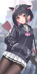 Rule 34 | 1girl, animal ears, black choker, black jacket, black pantyhose, blue archive, blunt bangs, blurry, bren lmg, cat ears, cat girl, choker, colored inner hair, commentary request, depth of field, extra ears, gun, hair ornament, hairclip, halo, hands in pockets, highres, hood, hooded jacket, jacket, kazusa (blue archive), light machine gun, long sleeves, looking at viewer, multicolored hair, outdoors, pantyhose, parted lips, pendant choker, pleated skirt, red eyes, school uniform, serafuku, short hair, sidelocks, skirt, solo, two-tone hair, weapon, weapon on back, white skirt, z.m. (zimin)