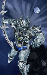 Rule 34 | 1boy, armor, armored boots, attack, boots, dual wielding, garo (series), gauntlets, glowing, glowing eyes, helmet, highres, holding, moonlight, serious, shoulder armor, silver armor, solo, sword, tokusatsu, weapon, yellow eyes, zero (garo)