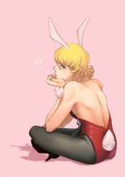 Rule 34 | 10s, 1boy, animal ears, applep93, bad id, bad pixiv id, barnaby brooks jr., crossdressing, fake animal ears, from behind, glasses, green eyes, high heels, indian style, leotard, male focus, male playboy bunny, pantyhose, playboy bunny, rabbit ears, rabbit tail, shoes, sitting, solo, strapless, tail, tiger &amp; bunny, wrist cuffs