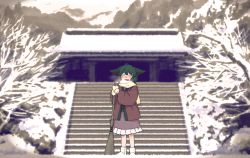 Rule 34 | 1girl, animal ears, blush, boots, breath, broom, dress, closed eyes, full-face blush, gloves, green hair, kasodani kyouko, long sleeves, md5 mismatch, open mouth, resized, scarf, short hair, smile, snow, solo, stairs, touhou, uto (syy uto), wide sleeves