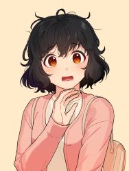 Rule 34 | 1girl, backpack, bag, black hair, blush, bob cut, brown eyes, cardigan, close-up, commentary, embarrassed, hair between eyes, hand up, highres, kamille (vcx68), long sleeves, looking at viewer, messy hair, open mouth, original, pink cardigan, portrait, raised eyebrows, shirt, short hair, simple background, solo, upper body, wavy hair, wavy mouth, white shirt, yellow background