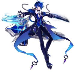 Rule 34 | 1boy, black coat, black footwear, black gloves, black pants, blue eyes, blue hair, blue shirt, bow, chain, ciel (elsword), closed mouth, coat, cross, cross earrings, dual wielding, earrings, elsword, full body, gloves, gun, holding, holding gun, holding weapon, hwansang, jewelry, long hair, looking at viewer, male focus, official art, pants, pointy ears, ponytail, royal guard (elsword), serious, shirt, shoes, solo, standing, transparent background, weapon, white bow