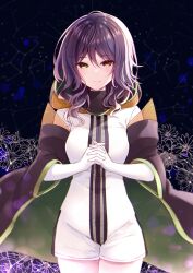 Rule 34 | 1girl, breasts, closed mouth, elbow gloves, gina (gnosia), gloves, gnosia, hair between eyes, highres, hood, hoodie, long hair, looking at viewer, purple hair, rocomani, short hair, simple background, solo, turtleneck, wavy hair, white background, yellow eyes