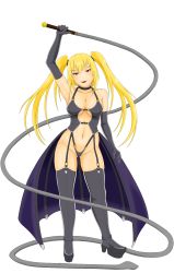 Rule 34 | 1girl, absurdres, bdsm, black thighhighs, blonde hair, bondage, boots, bound, choker, elbow gloves, gloves, highres, navel, original, red eyes, thigh boots, thighhighs, twintails, warrior, whip, yuta5783