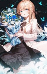 Rule 34 | 1girl, absurdres, aqua eyes, black background, black skirt, blonde hair, blouse, blush, bouquet, bug, butterfly, cowboy shot, flower, highres, holding, holding bouquet, insect, lo-ta, long sleeves, necktie, open mouth, petals, shirt, skirt, solo, white shirt