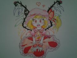 Rule 34 | 1girl, blonde hair, dress, fangs, flandre scarlet, grey background, hat, hat ribbon, heart, highres, looking at viewer, mob cap, music-lovette123, open mouth, red eyes, ribbon, seiza, short hair, short sleeves, sitting, solo, touhou, traditional media, wings, wrist cuffs