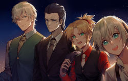 Rule 34 | 1girl, 3boys, absurdres, agravain (fate), black suit, blonde hair, blouse, braid, collared shirt, fate/apocrypha, fate/extra, fate/grand order, fate (series), formal, french braid, gawain (fate), green eyes, green suit, highres, jacket, jacket on shoulders, knights of the round table (fate), long hair, mordred (fate), mordred (fate/apocrypha), multiple boys, multiple girls, necktie, open mouth, red shirt, shirt, sky, smile, star (sky), starry sky, suit, suit jacket, vest, white shirt, yellow neckwear, yorukun