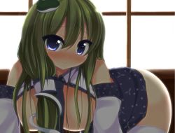 Rule 34 | 1girl, all fours, bad id, bad pixiv id, blue eyes, blush, bottomless, breasts, breasts out, chimunge, detached sleeves, female focus, frog hair ornament, green hair, hair ornament, kochiya sanae, large breasts, long hair, looking at viewer, necktie, smile, snake hair ornament, solo, thighhighs, thighs, touhou, white thighhighs, window