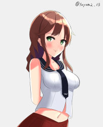 Rule 34 | 1girl, arms behind back, artist name, blouse, blush, breasts, brown hair, grey background, kantai collection, long hair, looking at viewer, medium breasts, navel, necktie, noshiro (kancolle), red skirt, shirt, skirt, sleeveless, sleeveless shirt, smile, solo, toyomi 13, white shirt