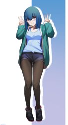 Rule 34 | 1girl, absurdres, alternate costume, artist name, black footwear, black pantyhose, blue eyes, blue hair, blue hoodie, blue tank top, blush, boots, breasts, collarbone, commission, commissioner upload, denim, denim shorts, double v, full body, grin, highres, hina (hinamatsuri), hinamatsuri (manga), hood, hoodie, looking at viewer, once 11h, pantyhose, parted lips, short hair, short shorts, shorts, small breasts, smile, solo, tank top, teeth, twitter username, v